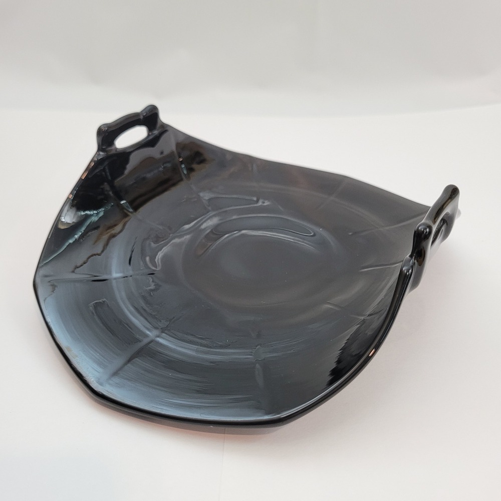 Vintage Amethyst Glass Bowl Black Square Curved Handled Mid-Century Modern